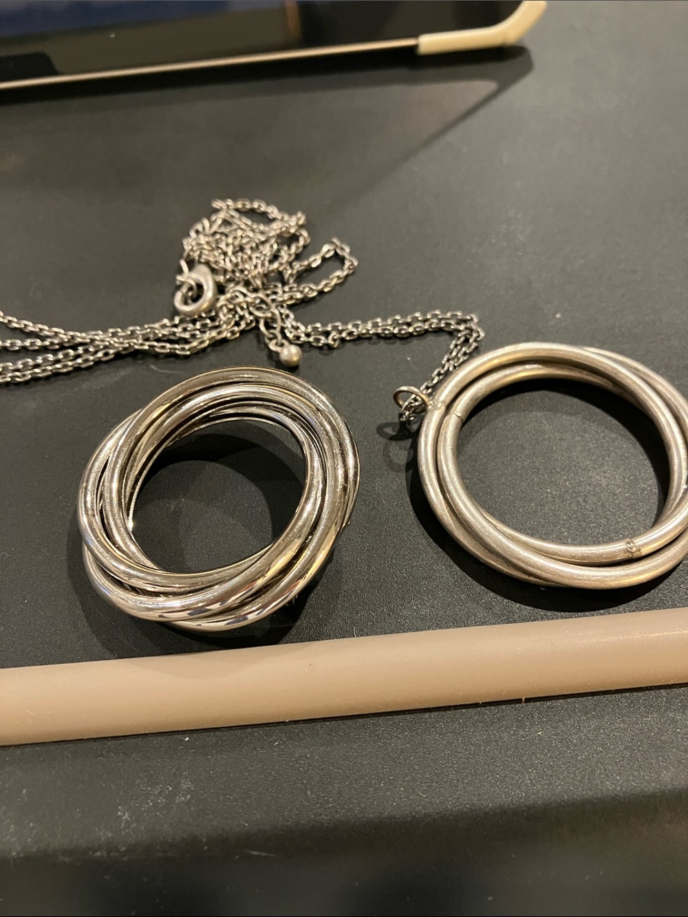 Silver Multi-Ring Pendant Necklace and Pin, Glasses Hangers